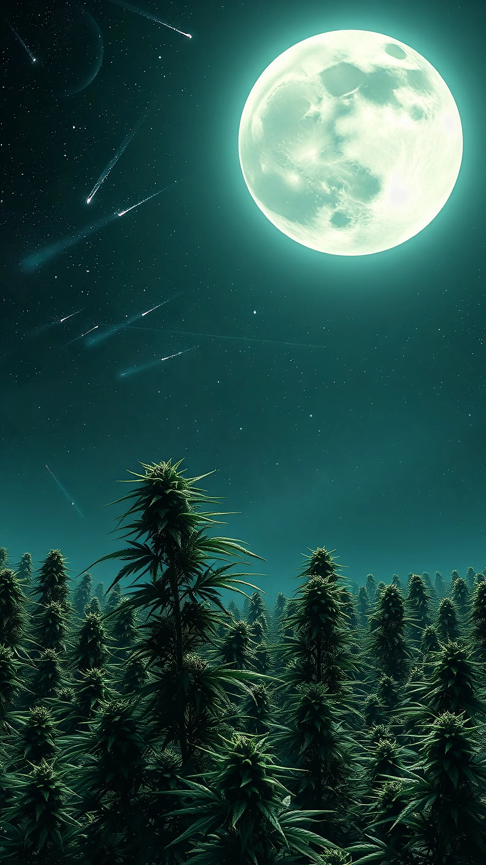 bright full moon landscape on green planet, space meteorites, stars in the night sky, fantasy plants on theof marijuana trees split toning effect, subsurface gaussian scattering, dark fantasy, dark botany, photorealistic image, ultra-details, Marijuana trees