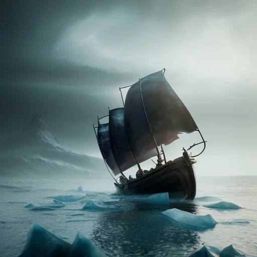 Vikings sailing on an iceberg in a storm, deviantart, Photorealistic, polychromatic, geometric, filmic, complex, Photography, Nikon D850, HDR, 64 megapixels, IMAX, 8k resolution