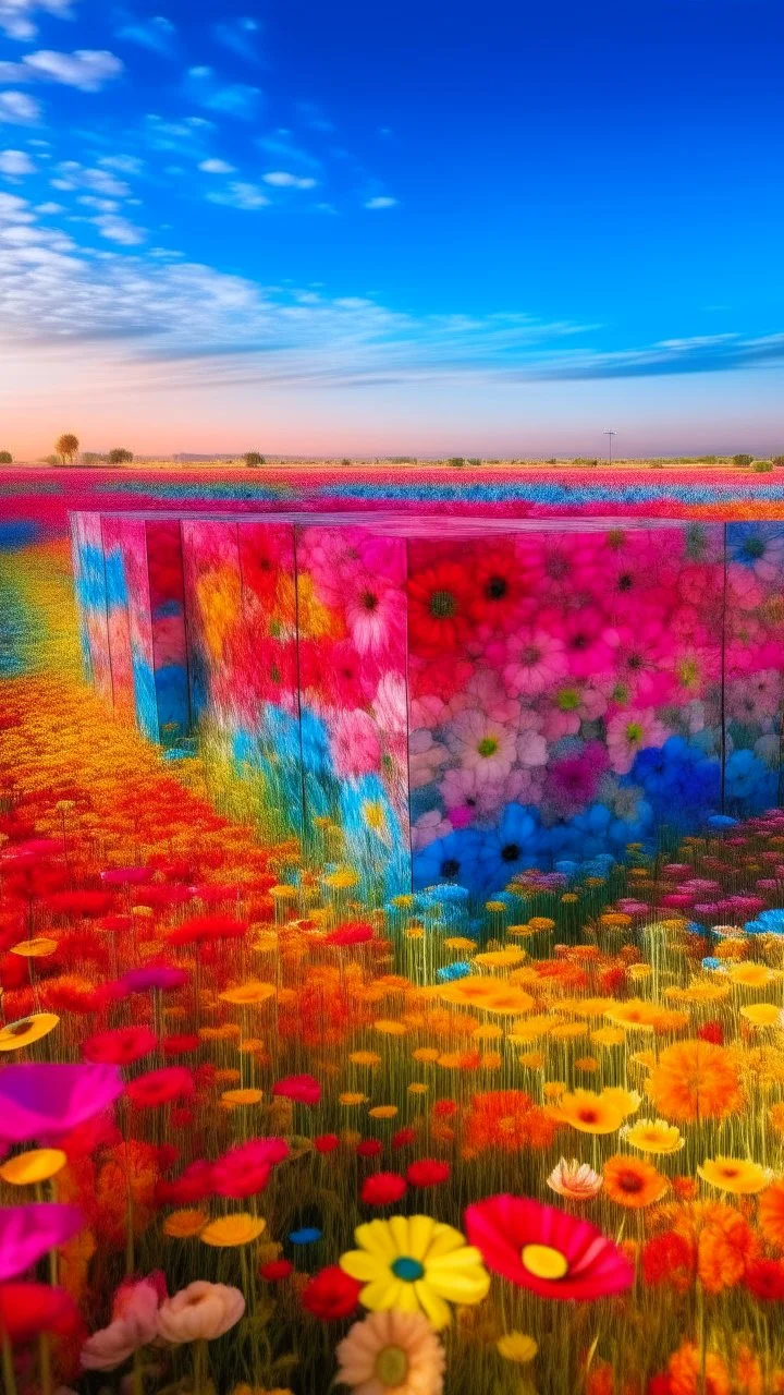 A picture cubicle field of flowers made of a plastic painting with colors that express joy 8k