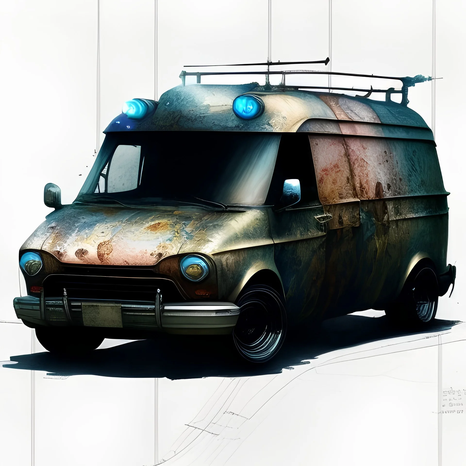 Ford transit van, watercolor illustration, steam punk, futuristic, spaceship,<agnes cecile> <Yoji Shinkawa>