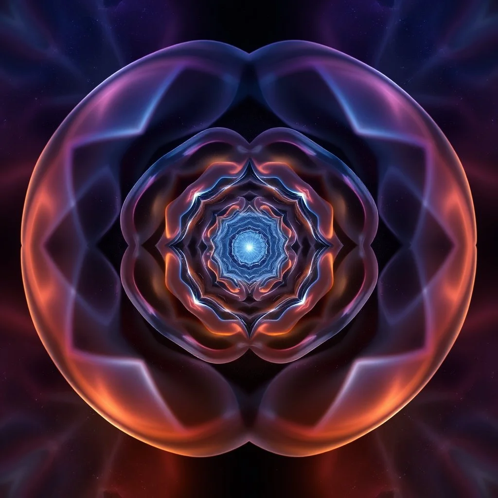 Mesmerizing abstract visual, 3d recursive Symmetrical structure of flowing translucent shapes, centered, soft aesthetic, negetive space.galaxsy background