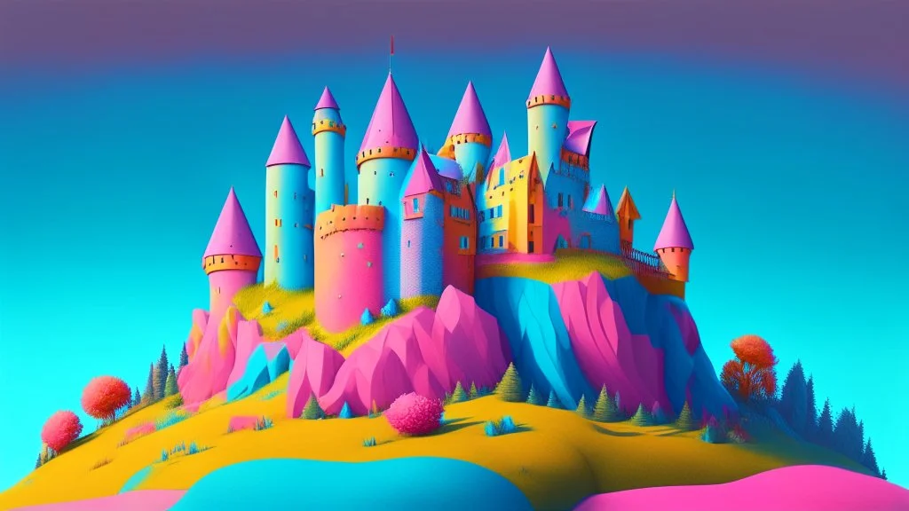 Pink, orange, yellow, dark blue and aqua blue castle on a hill, detailed