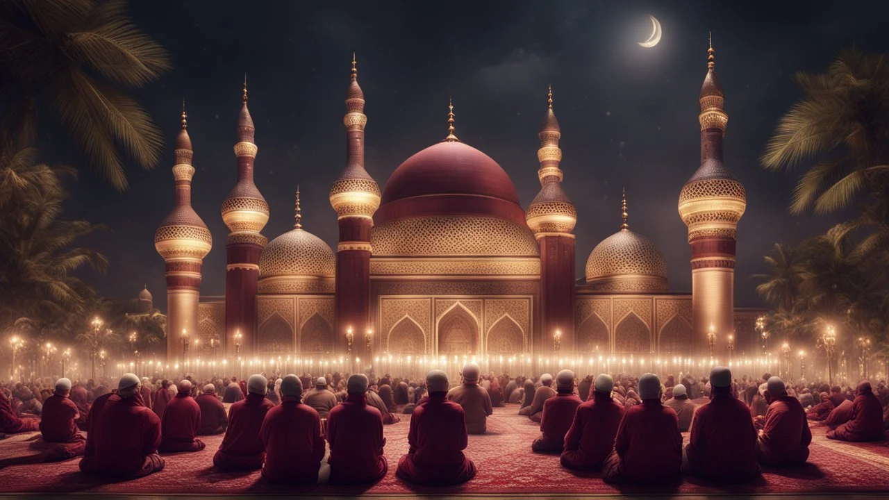 Hyper Realistic Photographic-View of lots of Muslim-Men praying outside a Massively-Huge-Beautifully-Crafted-Maroon-&-Golden Mosque with detailed-minarets & Ramadan-Light-Decorations-&-Lamps-&-a-fountain at beautiful-dark-night with dramatic-&-Cinematic-Ambiance