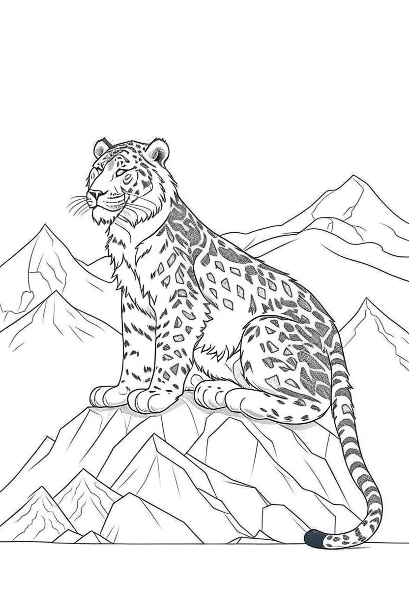 Snow leopard on the high altitude of Himalaya, clean line art, white background, no shadows, well outlined, for kids coloring book, cartoon style.