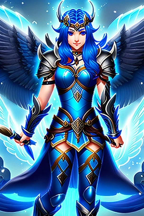 a person in runic armor with blue wings, blue short hair, runic tattoo and spell book