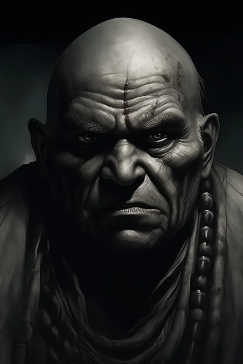 A native Indian , they but a fabric on his eye so he can not see and his arms are Handcuffed. looks miserable with bruises on his face like he has been beating sitting on a broken chair in a prison with dem light and dark prison environments , Busch painting style , sureal