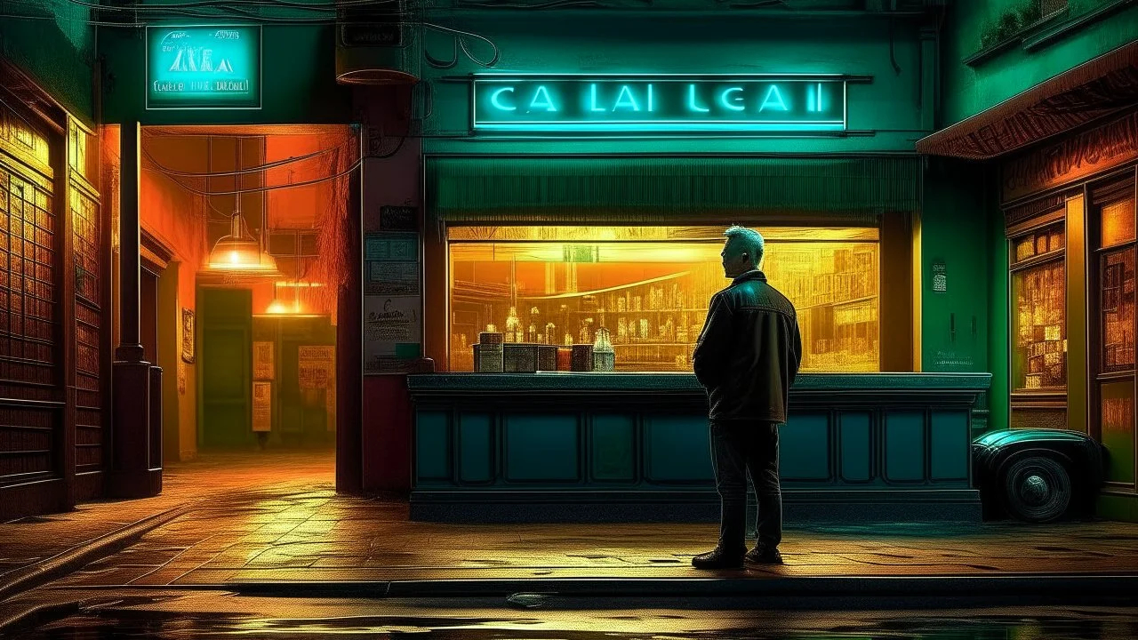 In the heart of an empty, dreamlike cityscape, a lone man stands before a shuttered bar with a flickering neon sign that reads “Last Call”—though the letters melt like candle wax into the pavement. His mouth is open in a silent scream, stretched impossibly wide, as if trying to release something too large for sound. The streetlights bend unnaturally toward him, casting elongated, unnatural shadows