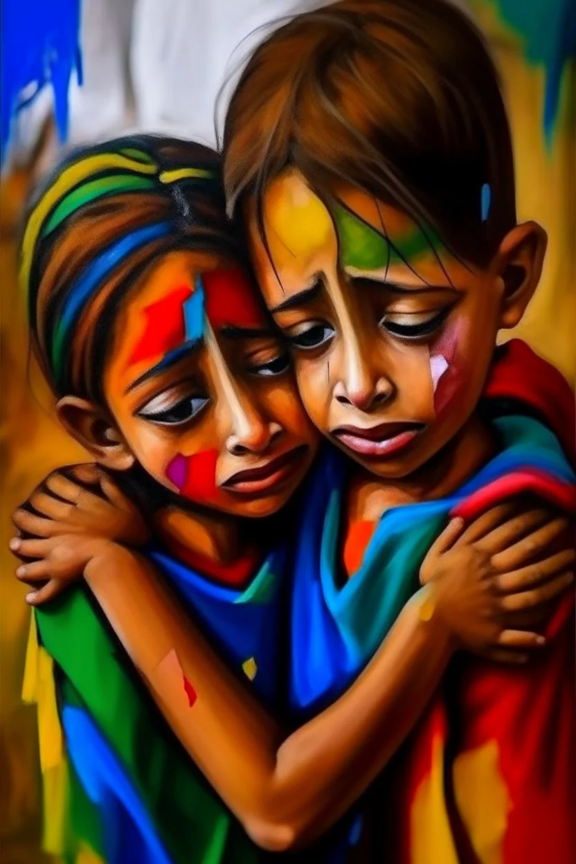 a girl hug her brother and both crying sadly, expressionism, Pixar style, in abstract art Basquiat, Picasso, Miro, Kandinsky, Klee, Birell, Fairey, Ardon, Buffet aand Picasso style, HD --s 750 --v 5.1 --style raw, water color