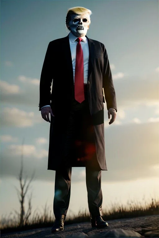 Ultra realistic image, Donald trump zombie, zombie performance, suit, skull, blood, torn arm, night, walking twisted, waist up view, thriller style, dark ambient, highly detailed, White House background, concept art, unreal engine 5, ray tracing, RTX, ultra detail, volumetric lighting, high definition, high resolution.