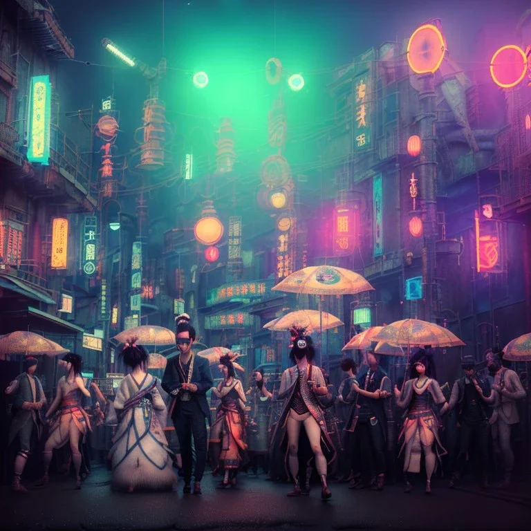 Ultra Realistic photo, medium shot view, geisha women, carnival scene, futuristic steampunk. hair monster, Drunken, Sunglasses, smoking, happy, hot. Cabaret background, highly detailed, concept art, unreal engine 5, ray tracing, RTX, lumen lighting, ultra detail, volumetric lighting, 3d, finely drawn, high definition, high resolution.