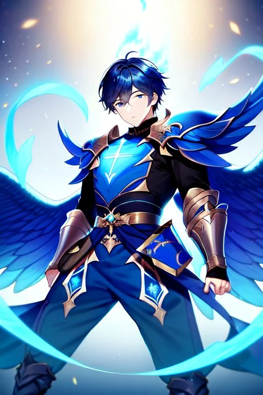 a person in runic armor with blue wings, blue short hair, runic tattoo and spell book, male