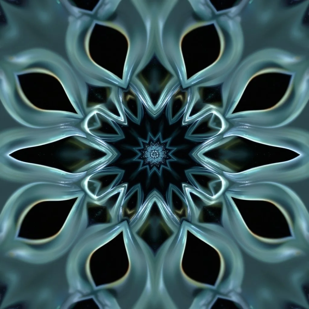 Mesmerizing abstract 3d visual, recursive Symmetrical structure of flowing translucent shapes, centered, soft aesthetic, negetive space.galaxsy background