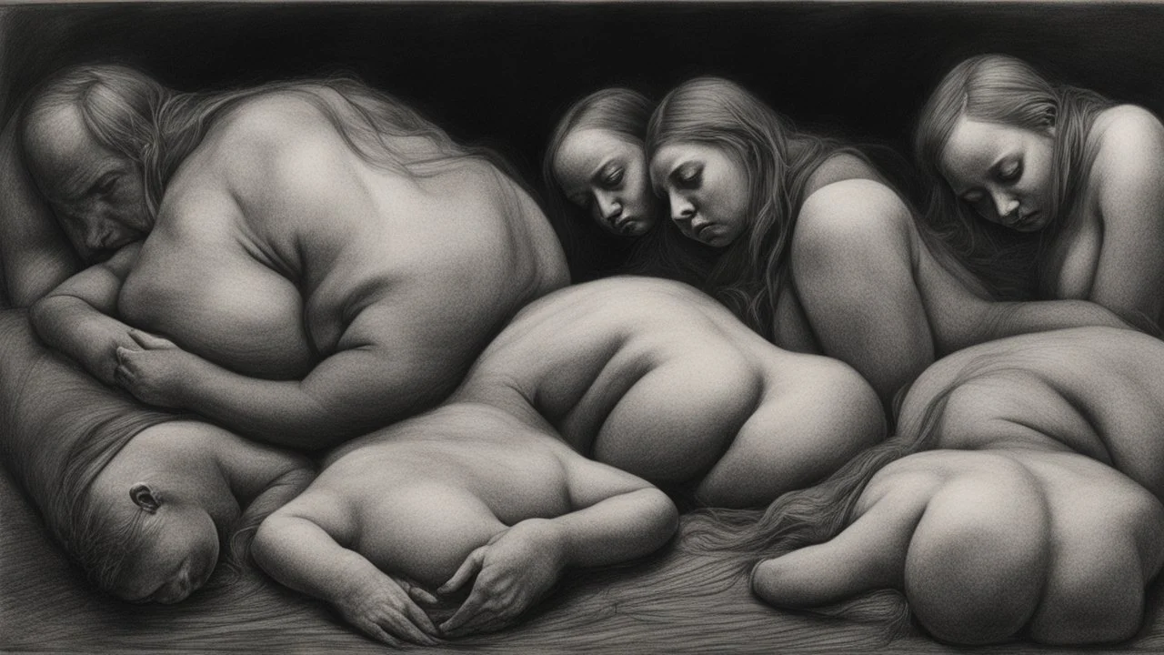 A haunting charcoal drawing capturing bodies in the dark, fat and thin and hunched, with intricate shading and depth