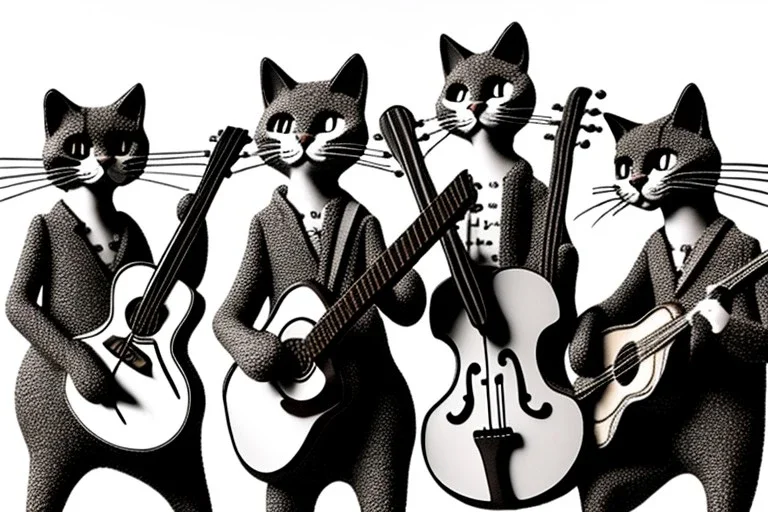 Group of three mature cats musicians, one cat playing guitar, one cat playing drums, one cat holding microphone and singing, singing, street, Vienna, smiling, sunny day, model style, hyper realistic, extremely accurate, delicate, extremely detailed, Graphic novel style, wide-angle, open aperture, superfine pencil