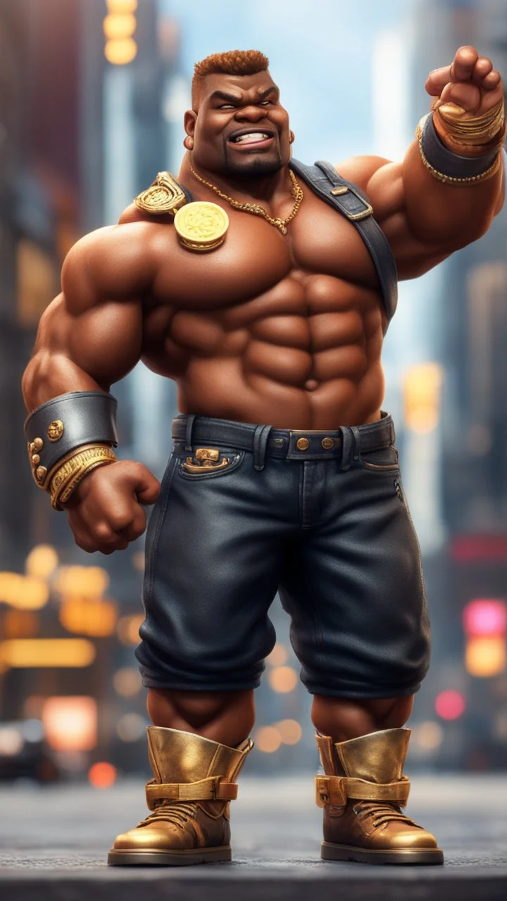 black hunk original pixel art Abobo from double dragon holding up a dog sized golden coin with a print of himself ,bokeh like f/0.8, tilt-shift lens 8k, high detail, smooth render, down-light, unreal engine, prize winning