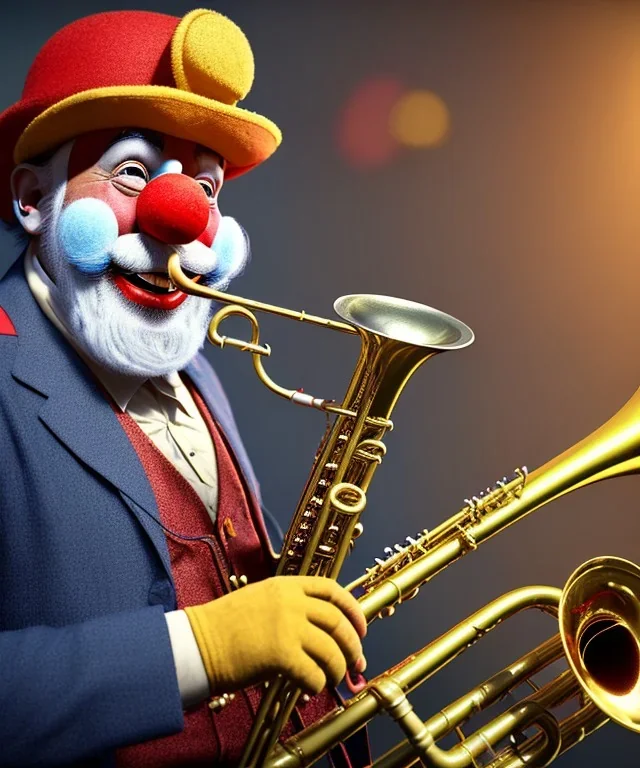 happy and funny old friendly clown with round head and trimmed beard playing jazz with a steampunk theme, trumpet on mouth, carnival, dreamy