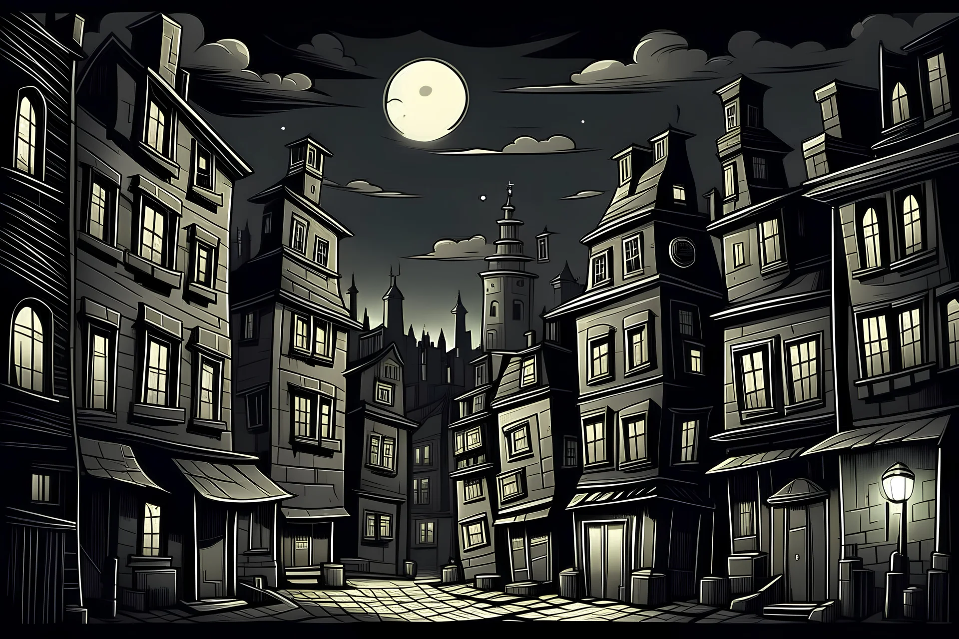 city scape old dark cartoon