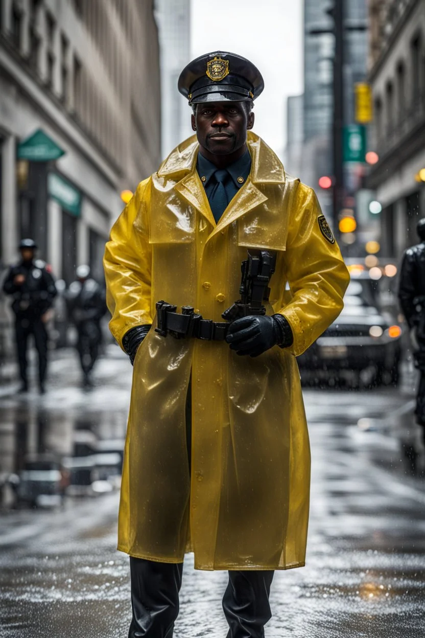 retro nypd full body color blackman policeman wtih exosqueleton with heavy yellow rain transparent coat