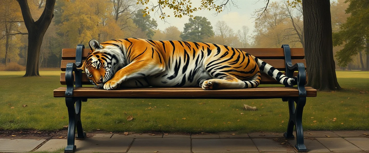 master oil painting by Rembrandt, flat paper tiger person sleeping on a bench in the park