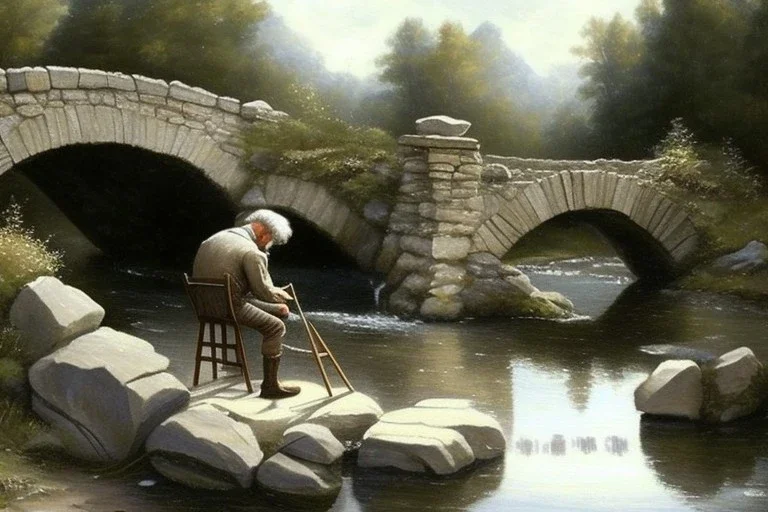 an artist with an easel sits on a stool next to a little stone bridge, he is painting. highly detailed, smooth colours. Elisabeth Kreitz.