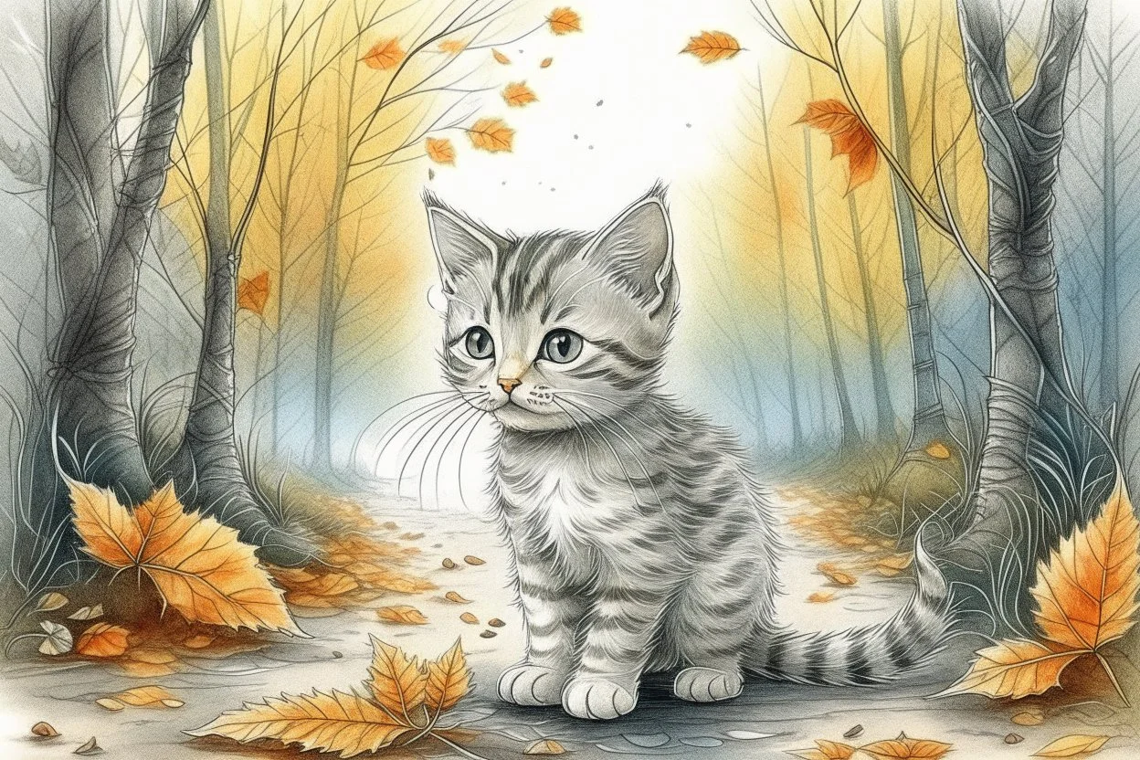 Cute soft contented kitten sweeping autumn leaves from the dirt road in the forest, reflecting water, misty morning sky, intricate zentangle, muted colours, employ golden ratio, elegant, intricate, very beautiful, high definition, hdr, pencil sketch, ultra realistic, ink, wet on wet watercolor, sparkling background