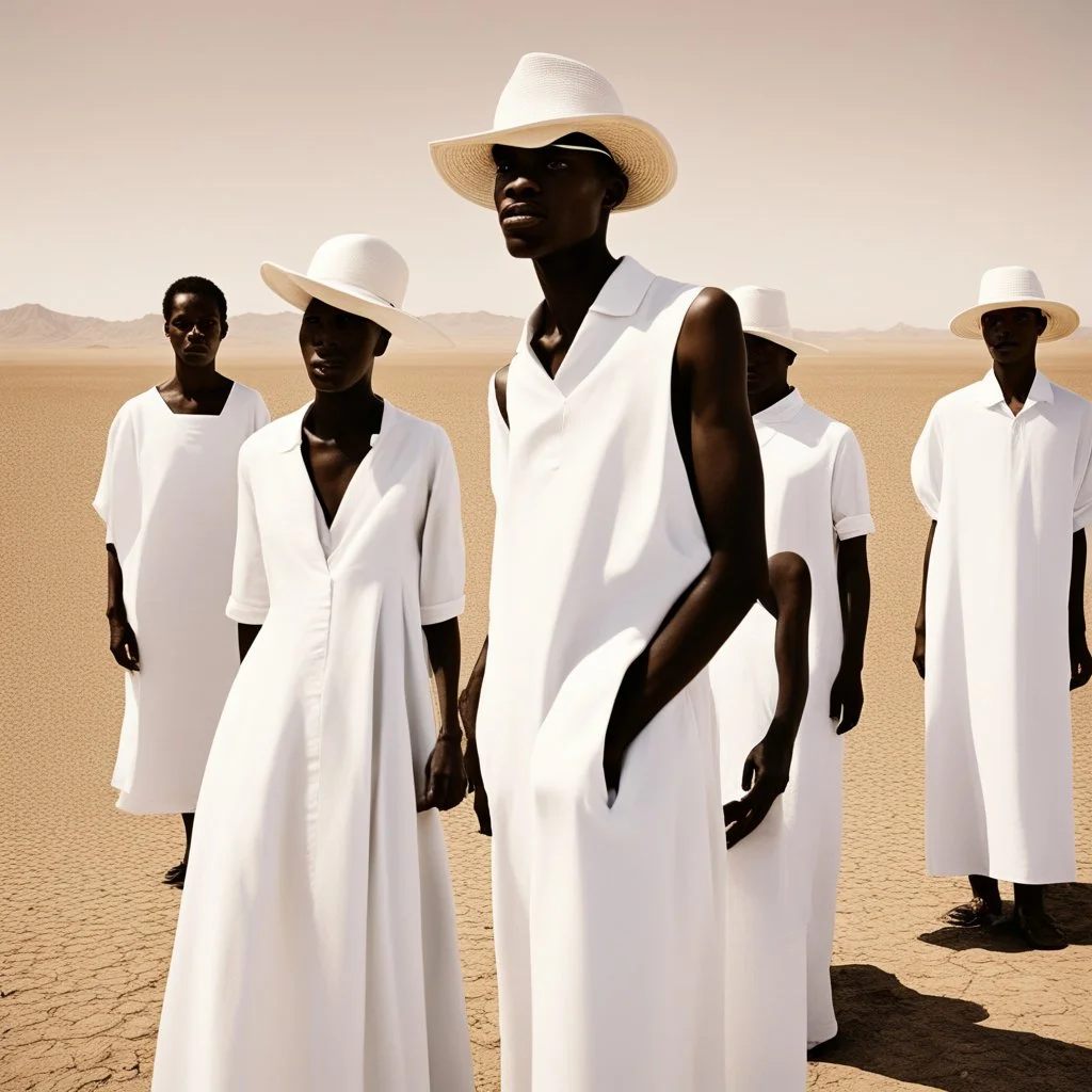 modern minimal photo ,In the style of William Klein, extremely thin and malnourished black African people wearing white collar dress in an arid desert landscape, color photography captured in the style of dslr camera. --ar 62:85 --v 6. 0