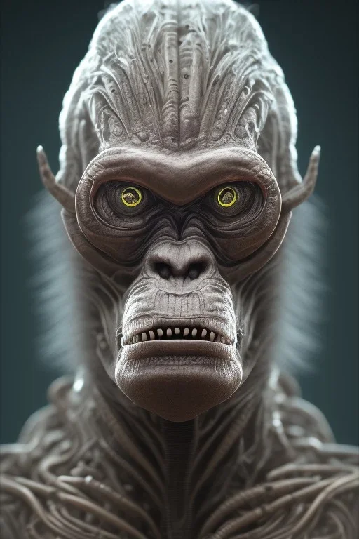 ape alien, head,8 eyes, evil, 8k, with hairs, finely detailed, photo realistic, HR Giger style