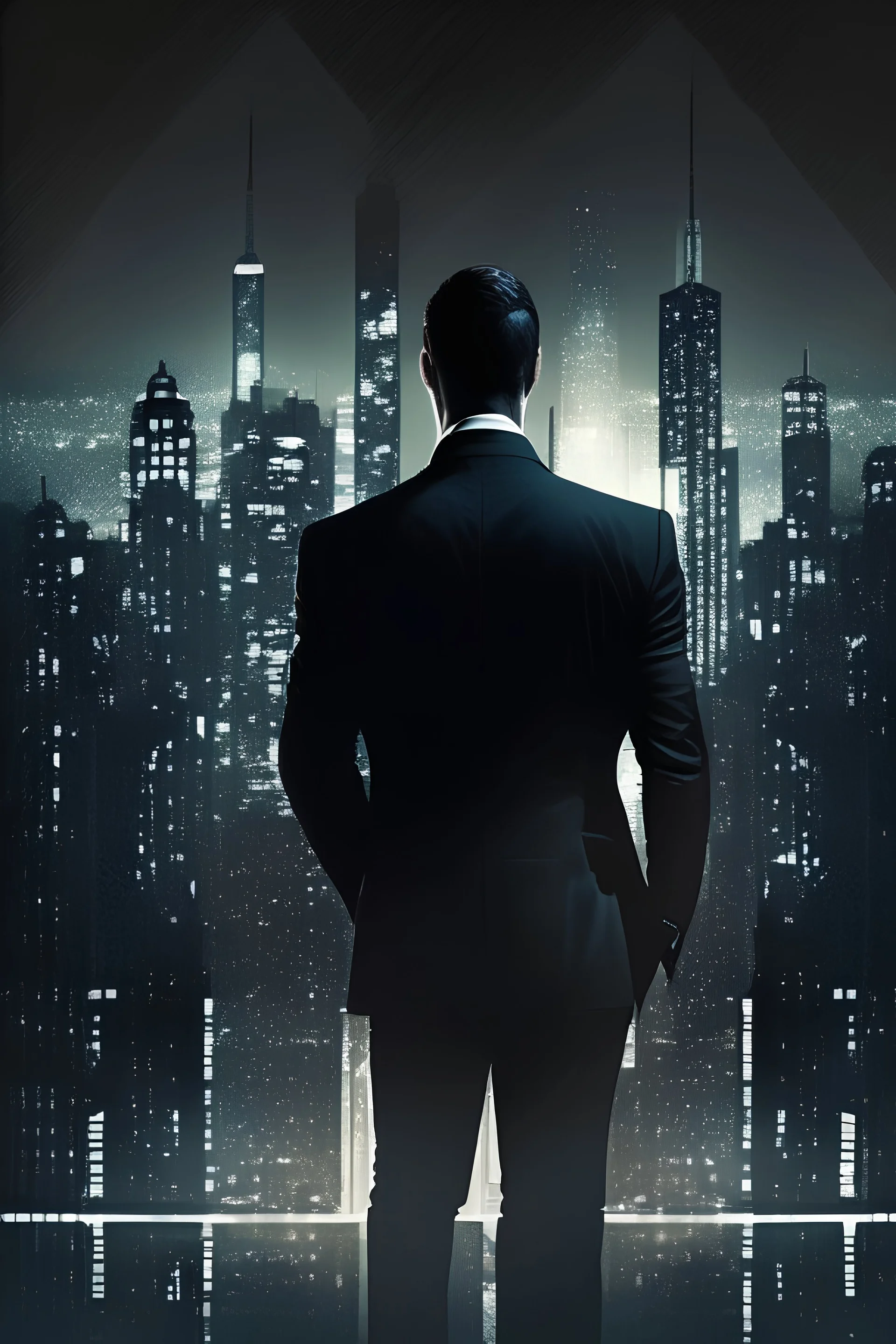 Generate an image where the man in the black suit and tie is standing in a modern cityscape. The background should consist of tall, glass skyscrapers, with lights illuminating the city at night. The man should be positioned in the foreground, with his back slightly turned towards the viewer, as if he is observing the city below. His confident stance and the sleekness of his suit should convey a sense of power and sophistication.