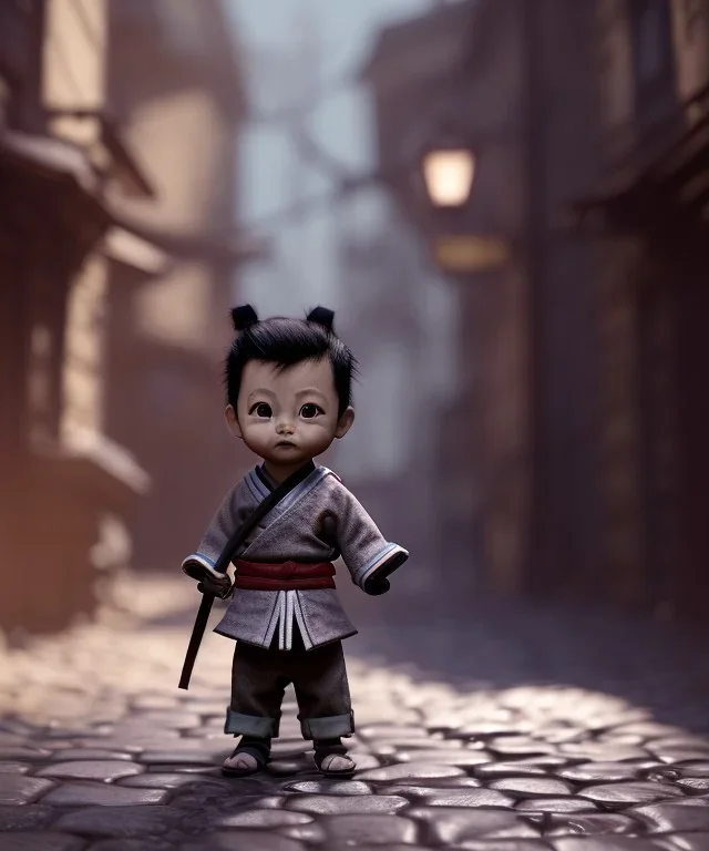 little boy samurai. shadows, Brent Weeks, Night Angel, cobblestone street alley, highly detailed, hyper-detailed, beautifully color-coded, insane details, intricate details, beautifully color graded, Cinematic, Color Grading, Editorial Photography, Depth of Field, DOF, Tilt Blur, White Balance, 32k, Super-Resolution, Megapixel, ProPhoto RGB, VR, Halfrear Lighting, Backlight, non photorealistic rendering