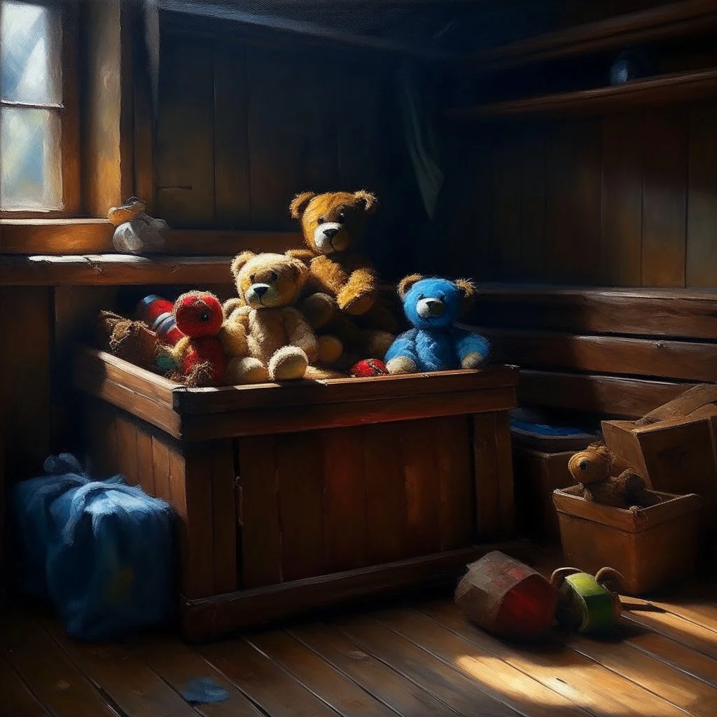 impressionist painting of an antique toy box filled with vintage toys in corner of a dark attic, weathered wood, by Atelier Olschinsky and Ted McKeever, large brush strokes, nostalgic, moody, opulent shadows, cobwebs, solid line work, maudlin, sad limp teddy bear