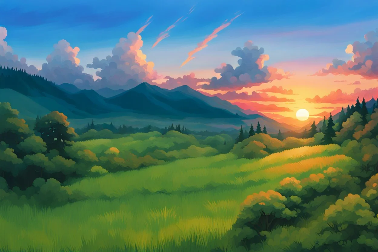 It is a scenic landscape with a lush green meadow, rolling hills, and a vibrant sunset sky with colorful clouds. The background features a range of mountains silhouetted against the warm orange and pink hues of the setting sun. like Studio Ghibli and oil painting