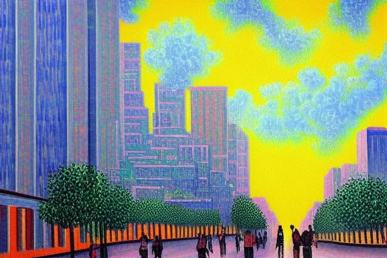 Retrowave city, clouds, camille pissarro painting, and retrowave painting