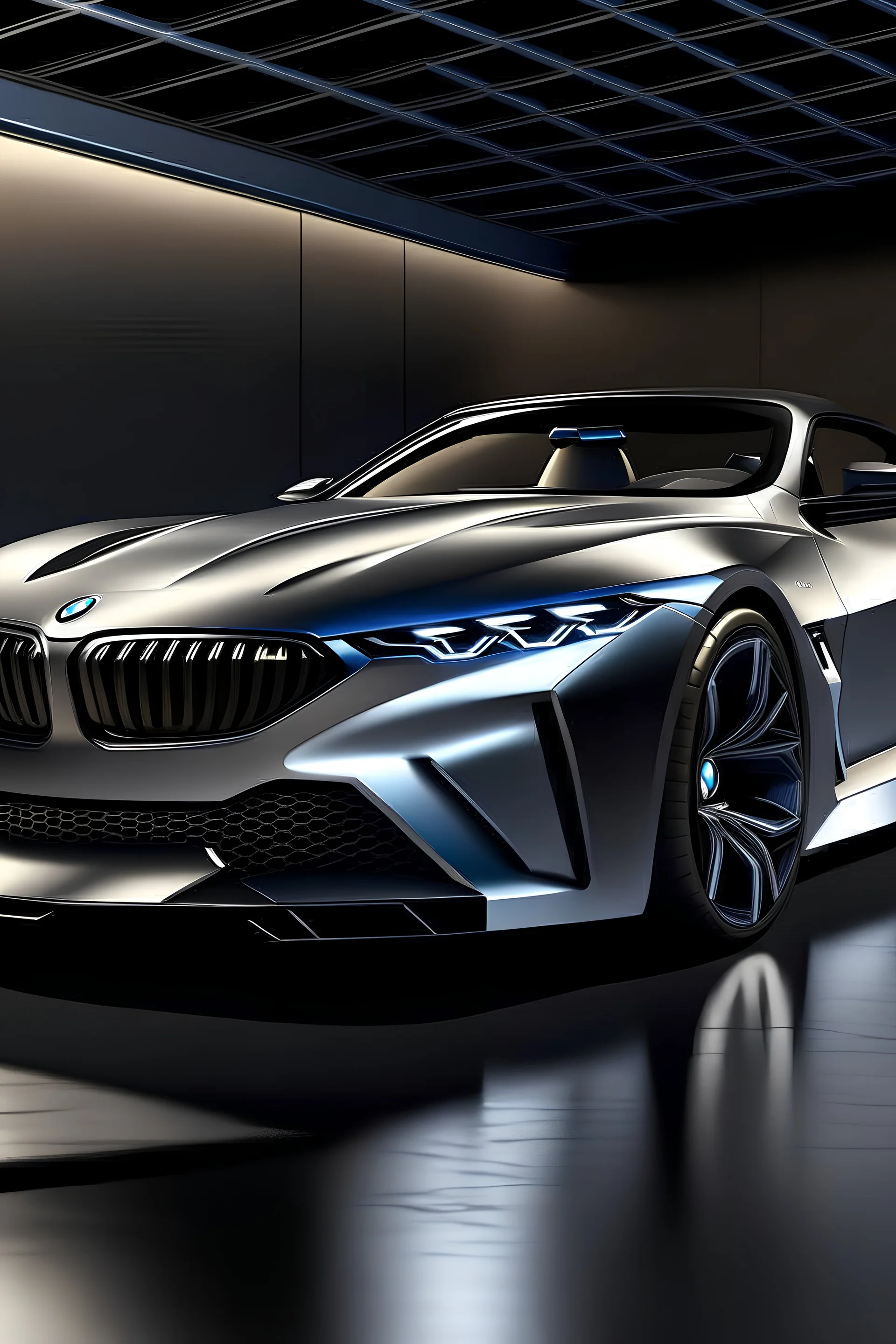 Futuristic mid-engine roadster based on BMW M8, sleek and aerodynamic design, metallic sheen, advanced carbon fiber construction, ultra-detailed, highres, futuristic, sleek design, mid-engine, roadster, BMW M8 inspired, metallic sheen, advanced carbon fiber, professional, atmospheric lighting