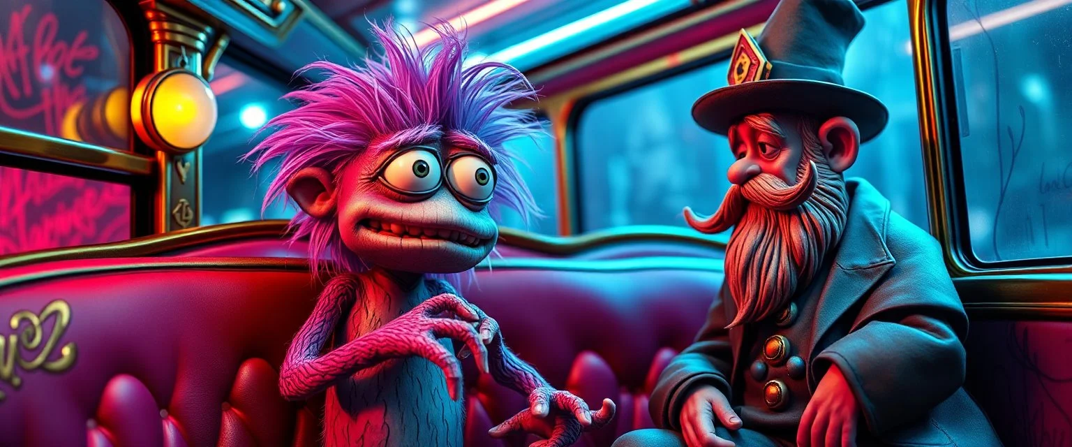 close up portrait of hairy fluffy polymer clay cute happy worried monster with realistic human colored and textured skin, and long sleek limbs and with studio lights, on a luxury ornate neon buss with strange graphitti and tatooes, talking to a wise man