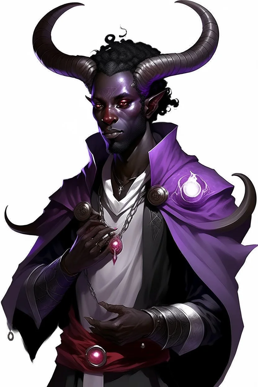 En Young male black skin black hair tiefling Wizard with large horns glowing Purple symbols Everywhere on his body. He's wearing silver and White Rope and a silver cloak. His horn a perfectly place on acet from the front to the back pointing upwards with glowing Red cat Eyes. His close is elegant get simple