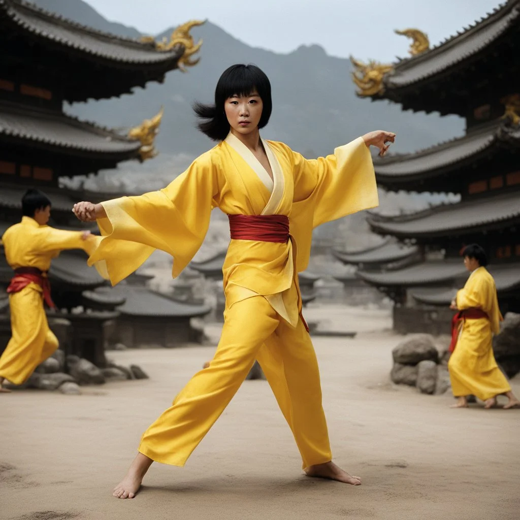 The soul of female Bruce Lee travels to the Underworld: The Dragon Lives Again by Chi Lo, she stands on one of her bare feet in her yellow silk printed kimono, ready to fight with her best kung fu, she stand in Hell,, her other leg ready to strike