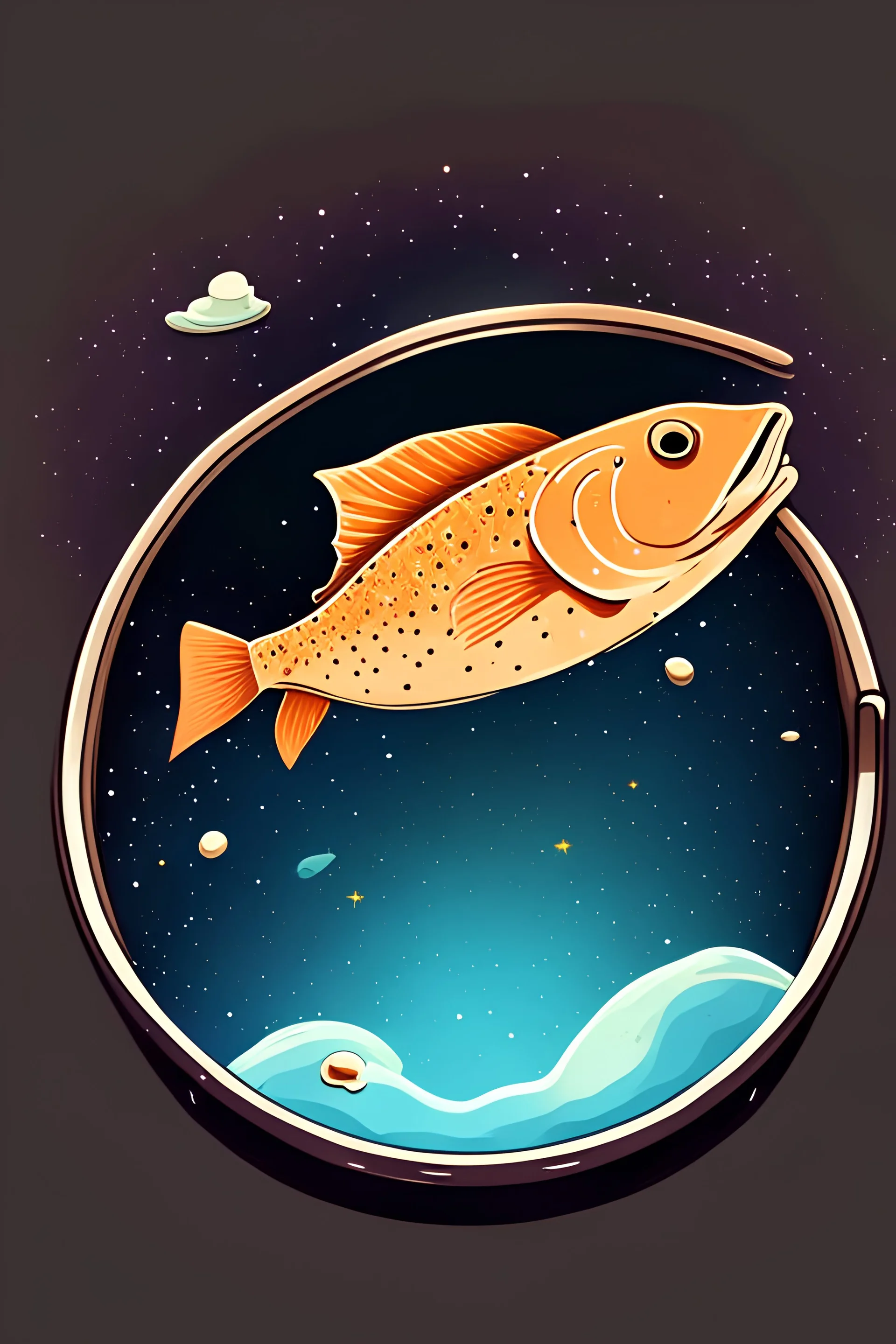 Trout in a frying pan in space in a simple cartoon style