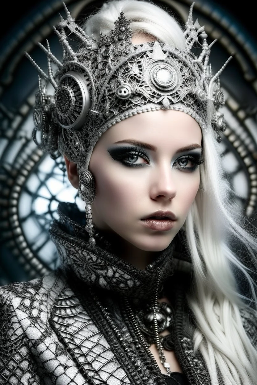 Beautiful faced young blond winter queen biomechanical woman, wearing silver goth punk metallic filigree floral face masque, adorned with goth punk silver metallic diadem headress, wearing biomechanical amalgamation style leather jacket dress ribbed with silver floral metallic filigree biomechanical vantablack pattern, organic bio spinal ribbed detail of gothic winter snowy backround extremely detailed maximalist hyperrealistic portrait