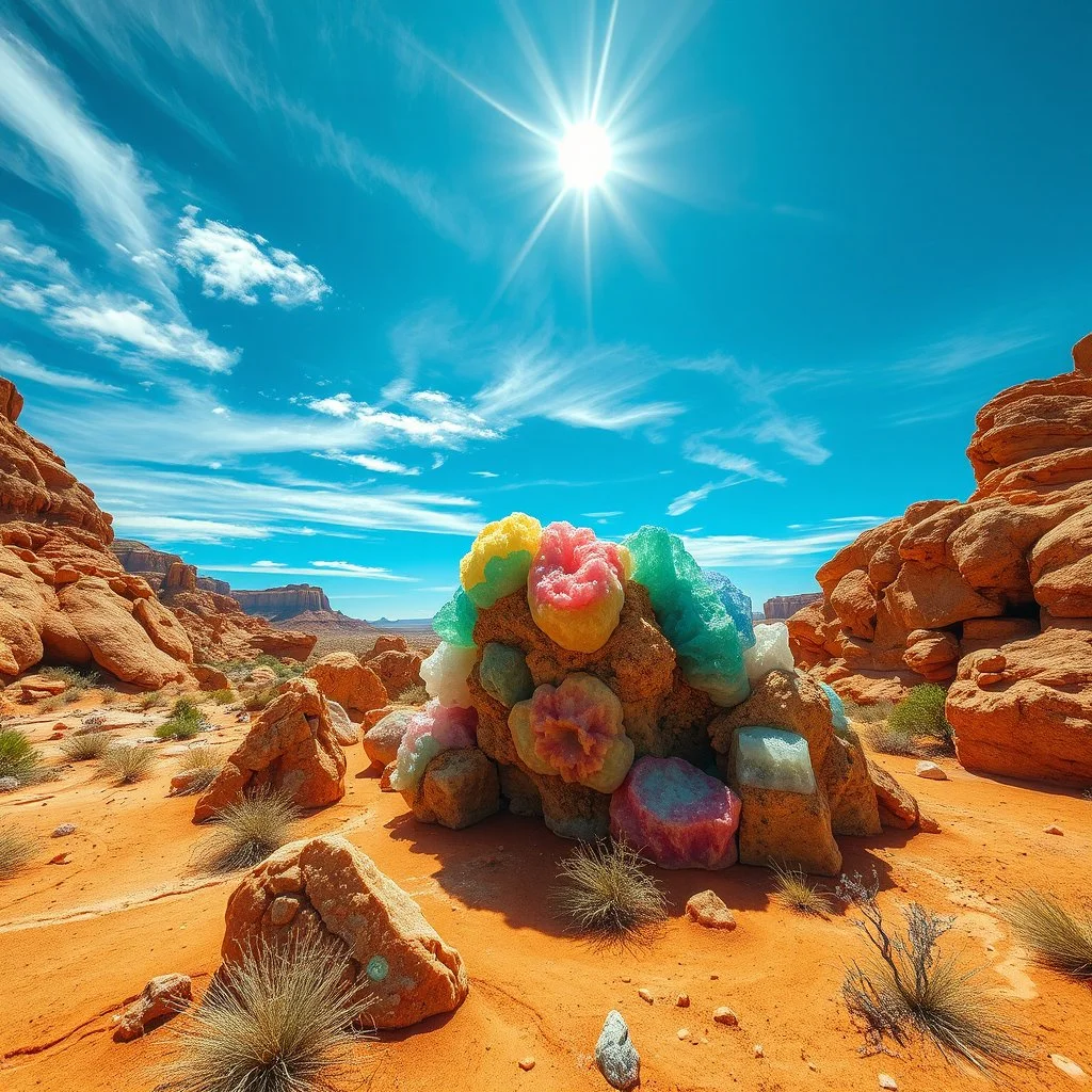 Fantastic mineral constructions and multicolored concretions under a sparkling sky in a desert panorama, reminiscent of the fiery expanses of Arizona