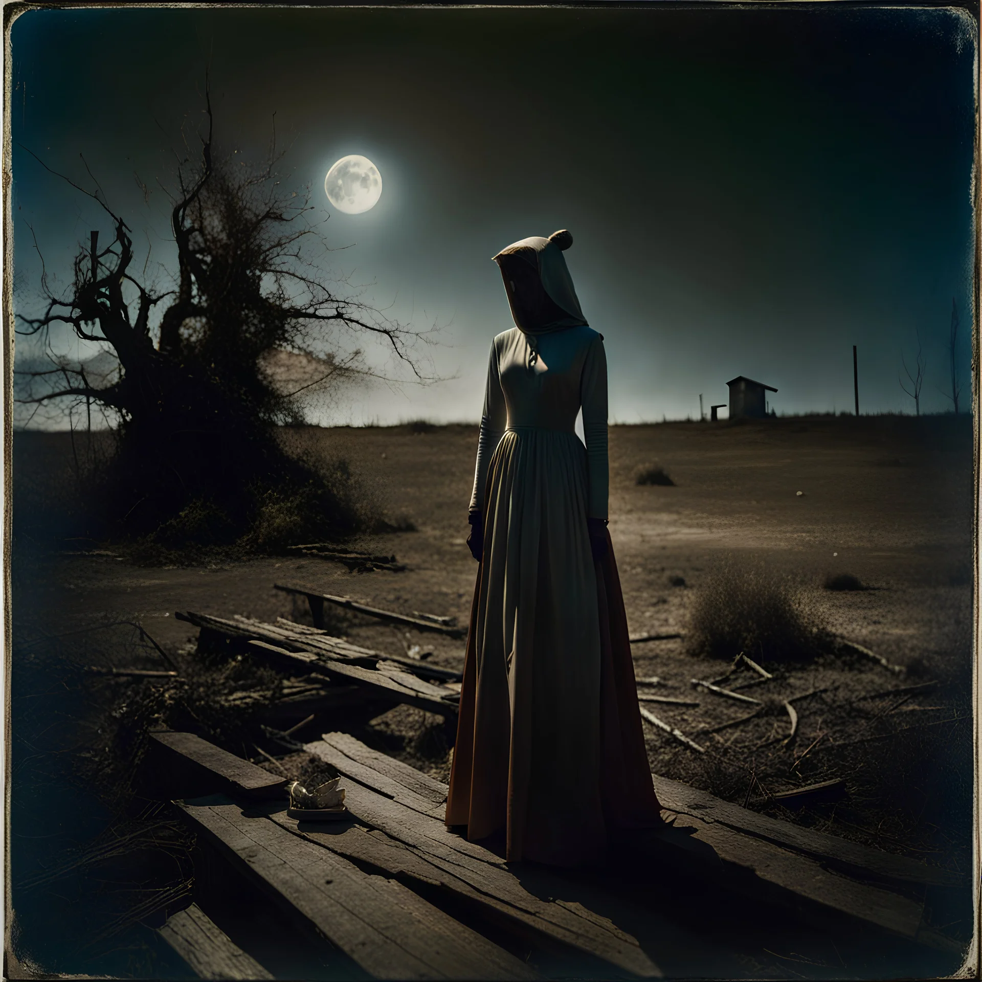 Photorealistic polaroid nothingness and distressing anguish old wooden figure wasteland night Max Ernst Hieronymus Bosch, volumetric light, shot on Hasselblad, movie shot, details of the dress accentuated, nightmare, hypermaximalist