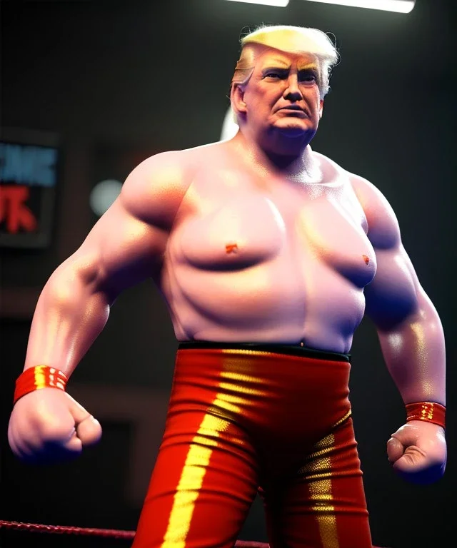 Donald trump wrestler, wrestling, lights cam, suspenders, retro style, 80s, hot ambient, photo studio, red, vibrant color, gradient, highly detailed, art stations, concept art, smooth, unreal engine 5, god rays, ray tracing, RTX, lumen lighting, ultra detail, volumetric lighting, 3d, finely drawn, high definition, high resolution.