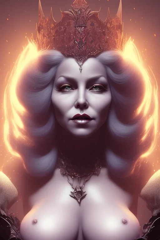 Mae West as evil queen in black leather, leather, busty, cleavage, angry, stern look. character design by cory loftis, fenghua zhong, ryohei hase, ismail inceoglu and ruan jia. unreal engine 5, artistic lighting, highly detailed, photorealistic, fantasy