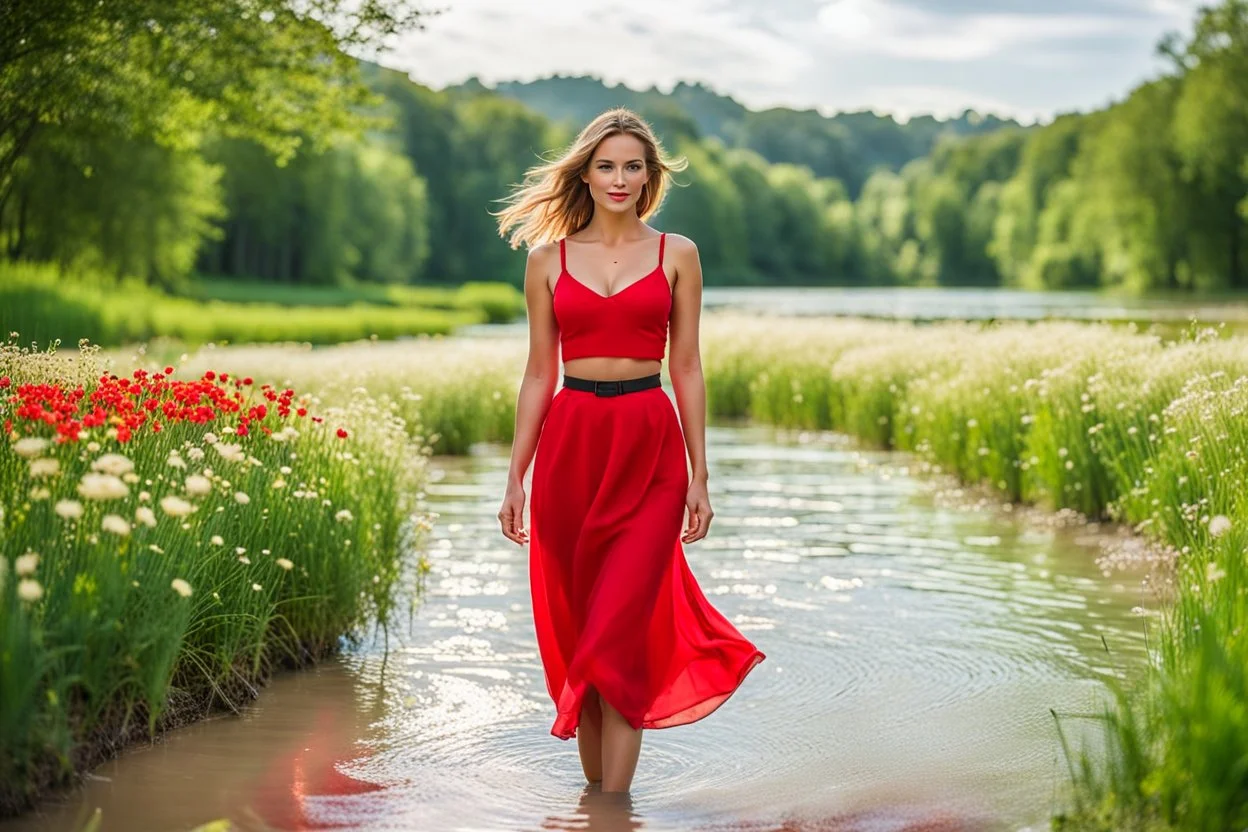 shot from front ,green field and wild flower field ,(A German beauty , with a melon seed face and wearing a red camisole skirt. She has a slender figure, beautiful makeup,very nice eyes looking around and elegant temperament walking and whisppering a song with emotions in water toward camera in trees next to wavy river with clear water and nice sands in floor.camera capture from her full body front, spring blosom walking to camera ,wild flowers moving in the wind ,blue sky,moving pretty clouds ,