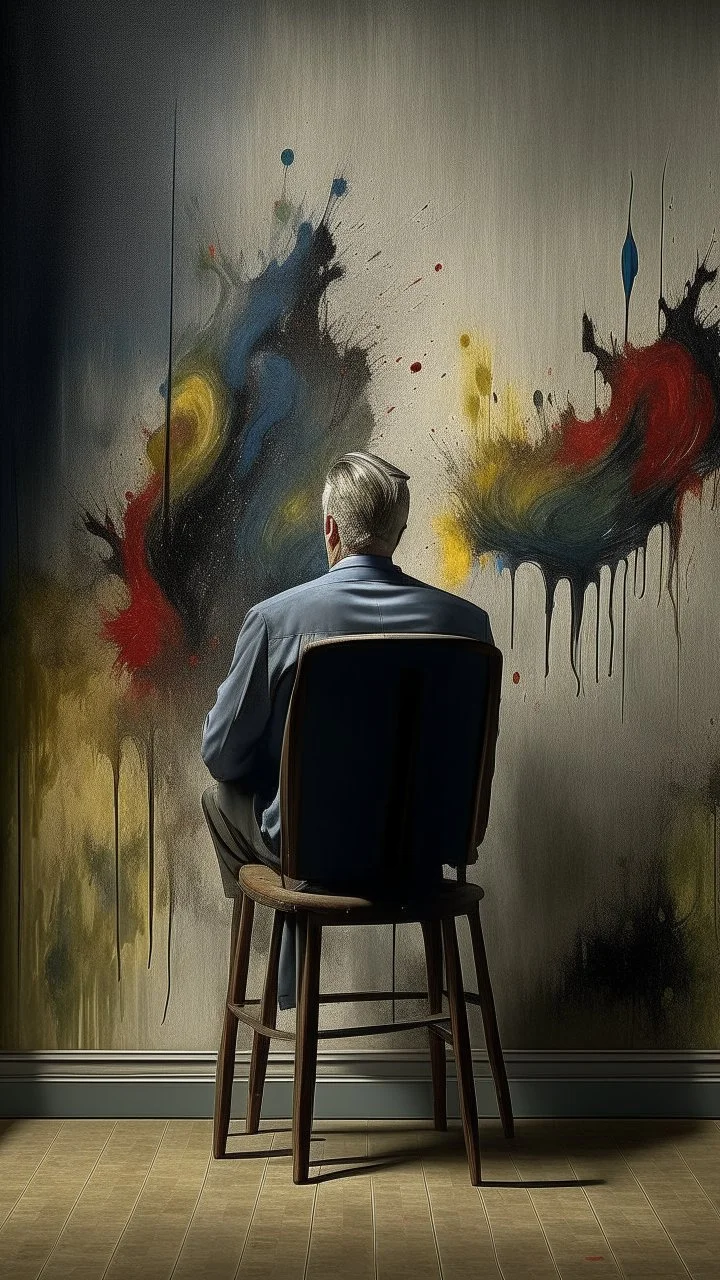 Bosch paint style nightmare, a rear view of a man sitting on a chair facing a wall ,