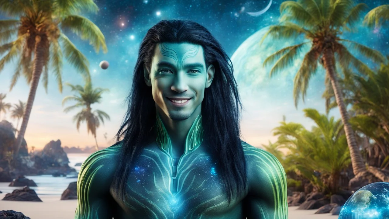 beautiful gorgeous young man na'vi with long hair, Avatar, blue skin, two small ears, green eyes, black hair, in cosmic suit, galactic ambiance, smiling, with spaceship and planets and palm trees and clear crystaline cosmic beach in background