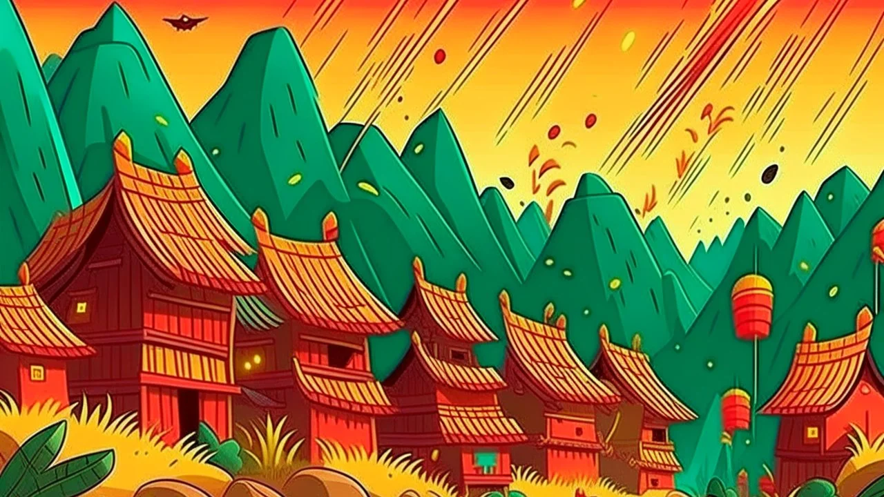 fantasy cartoon style illustration: bamboo firecrackers make loud noises in a very small Chinese mountain village