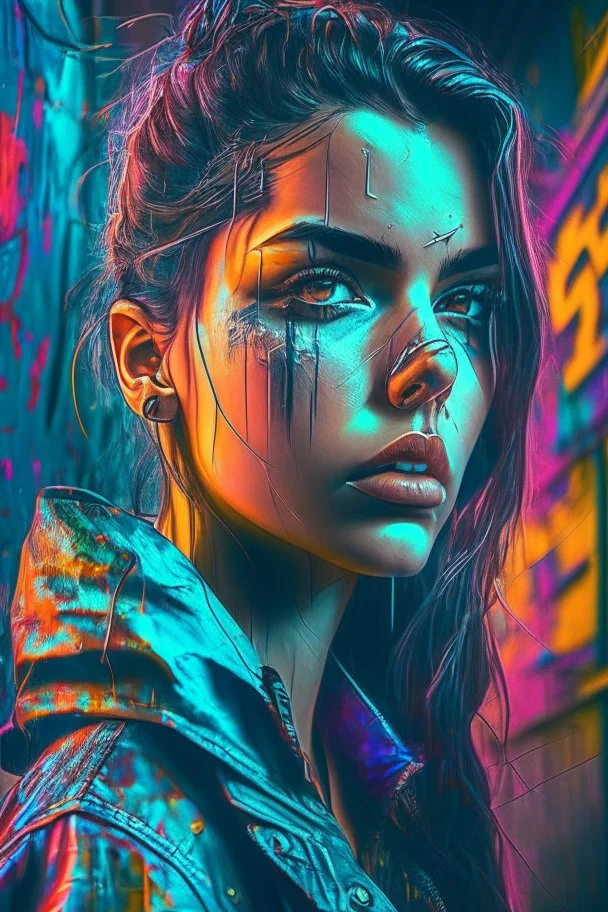 beautiful woman set against a gritty urban backdrop, The image should be highly detailed and intricate, with a sharp focus on the woman features, and a neon color palette that pops against the dark background, the style should be reminiscent of street art and urban culture, with exaggerated and stylized features that give the portrait a larger-than-life feel, trending on artstation and instagram, art inspirations include banksy, Shepard Fairey, and lady pink, set against a gritty urban backdrop,