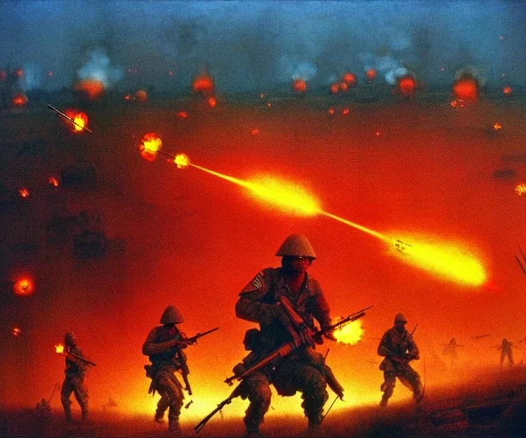 vietnam war. war. napalm. bokeh. lens flare. warm lights. high detailed. beksinski