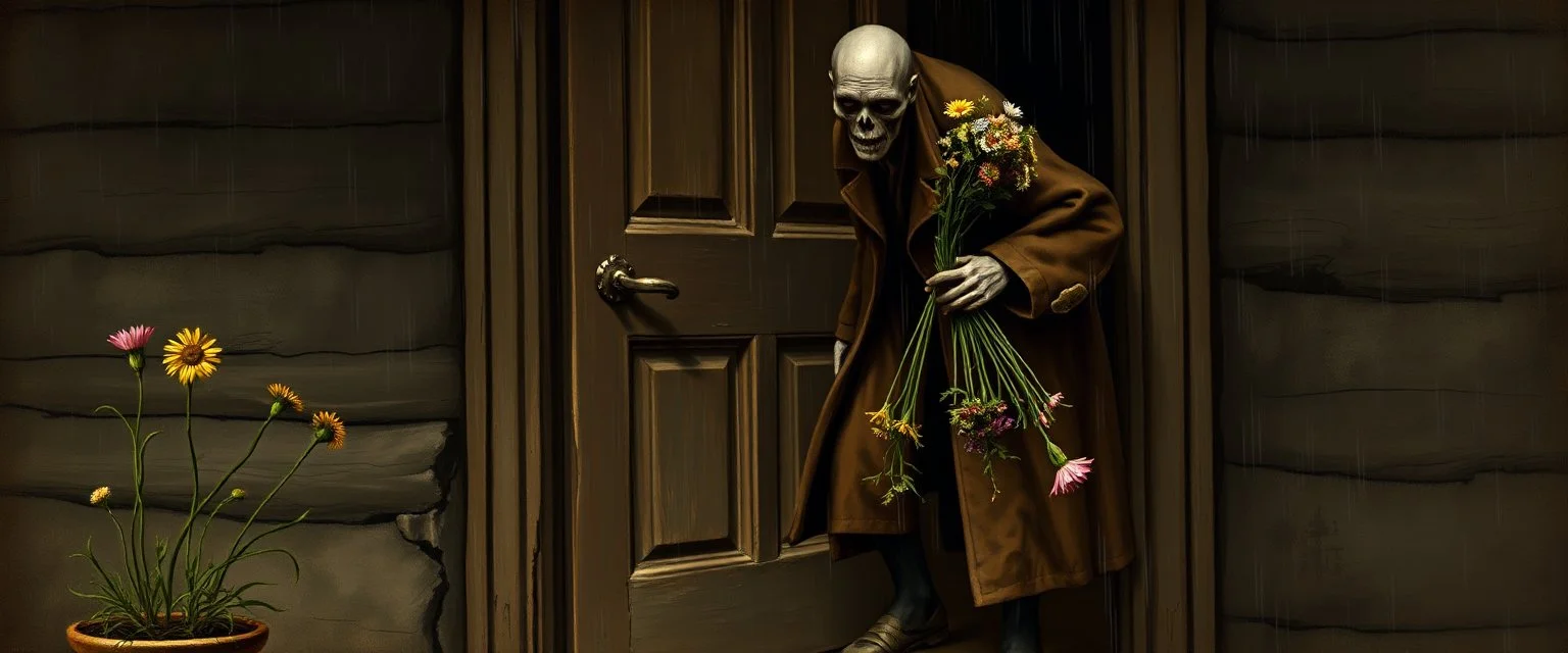 painted by Rembrandt, Maya is standing in the doorway with one hand still on the handle. She looks surprised, but not frightened. The zombie is wearing an old brown coat with patches on the elbows. His shoes don't match. What's surprising is that he's carrying a bunch of wildflowers. One of them has slipped from his hand and landed upside down on the porch. The rain is falling everywhere except on the flowers. That's a little strange. The story doesn't mention it.