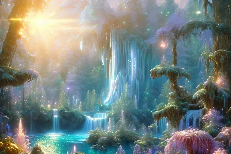  white and gold crystal cosmic ambiance，waterfall, full of details, smooth, bright sunshine，soft light atmosphere, light effect，vaporwave colorful, concept art, smooth, extremely sharp detail, finely tuned detail, ultra high definition, 8 k, unreal engine 5, ultra sharp focus